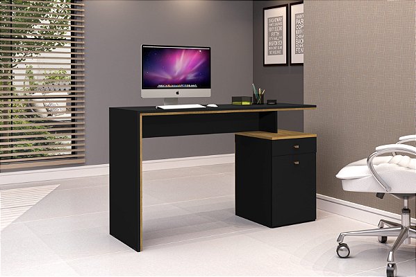 Escrivaninha Office Para Escritório 1 Porta Preto/nature Cor Nature/Preto - J&A Móveis