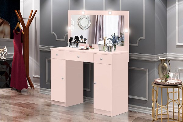 Penteadeira Camarim com 3 Gavetas 2 Portas Espelho e LED - Realeza - Rosê J&A Móveis