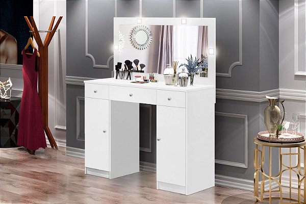 Penteadeira Camarim com 3 Gavetas 2 Portas Espelho e LED - Realeza - Branco - J&A Móveis