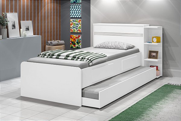 Cama Jade C/ 2 Gavetas e Cama Auxiliar - Branca - J & A Móveis