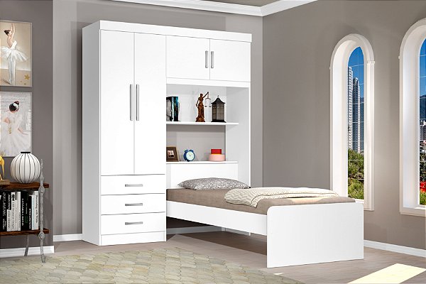 Guarda-Roupa Solteiro com Cabeceira 4 Portas Cancun - Branco -  J&A Móveis