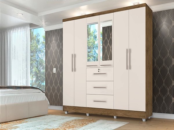 Guarda Roupa Roupeiro de Casal Tokio 6 portas 3 gavetas com chave e pés Jequitibá Off White - J&A MOVEIS