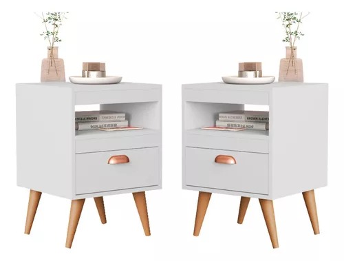 Kit 2 Mesa de Cabeceira (criado) flex  Para Quarto Com Pés Retro 1 Gaveta e Nicho - Branco/Naturale -  Sal