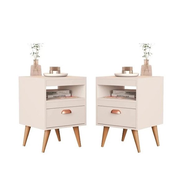 Kit 2 Mesa de Cabeceira (criado) flex  Para Quarto Com Pés Retro 1 Gaveta e Nicho - Off/Naturale -  Sal