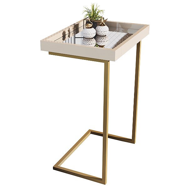 Mesa Lateral de Apoio JB 4774 com Espelho me pé de Aço - Perola/Dourado