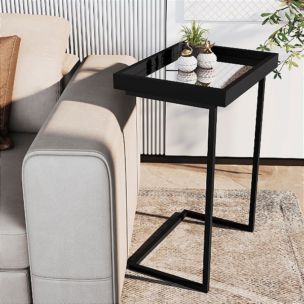 Mesa Lateral de Apoio JB 4774 com Espelho me pé de Aço - Preto/Preto