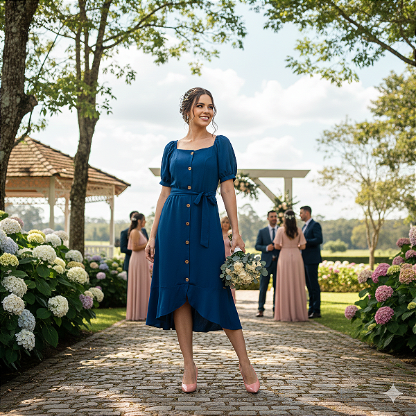 Vestido midi manga capim rosa