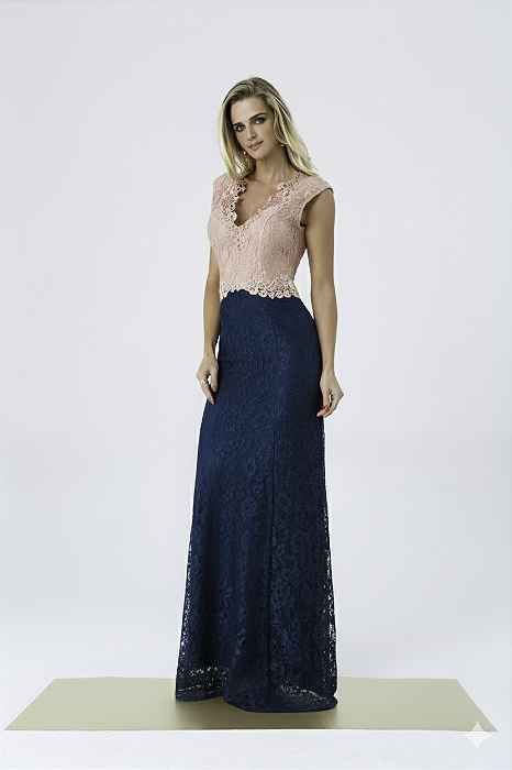 Vestido longo de renda rosa e azul miravest
