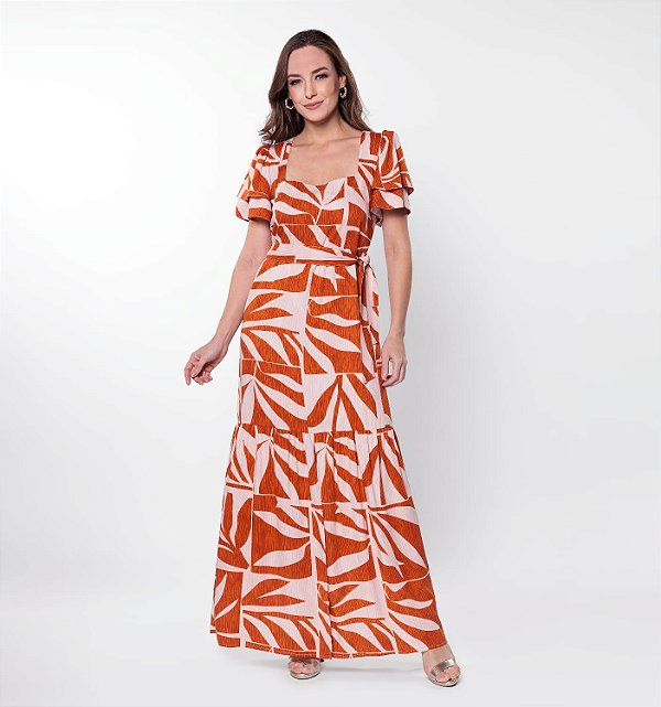 Vestido longo de manga capim rosa