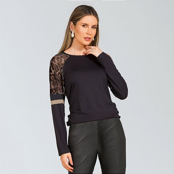 Blusa comprida de manga tule com detalhes em onça miravest