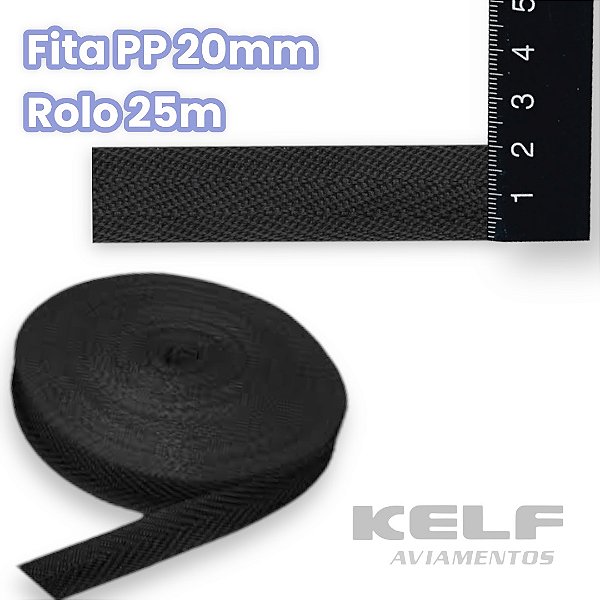 Fita PP 20mm - Cor Preto rolo 25m