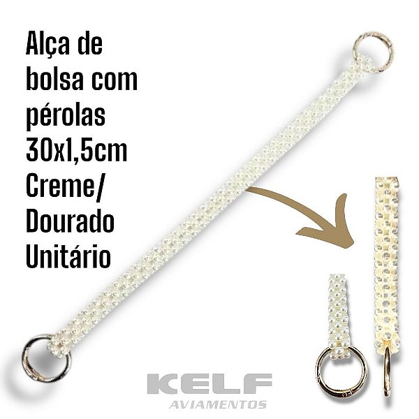 Alça de Bolsa c Perolas 152395 30x1.5cm Cor Creme/Dourado 1un(un)