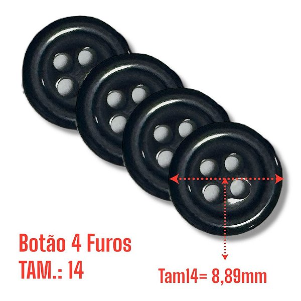 Botão Tam 14 (8,89mm) - Cor Preto 4 Furos - 100un