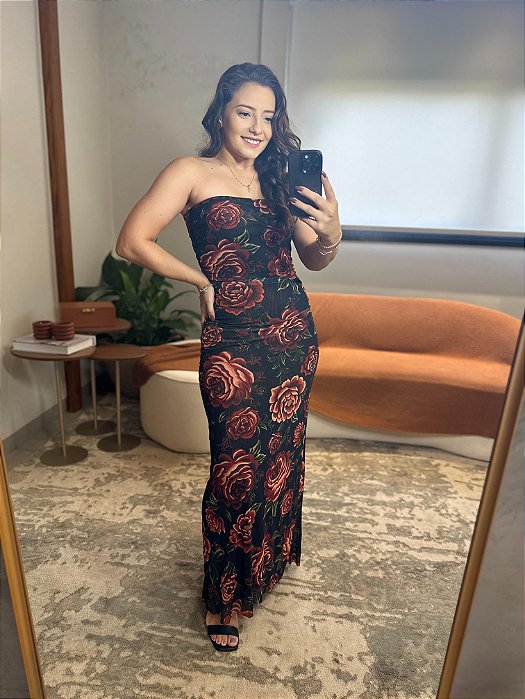 Vestido Tule Estampado Flor Rosália