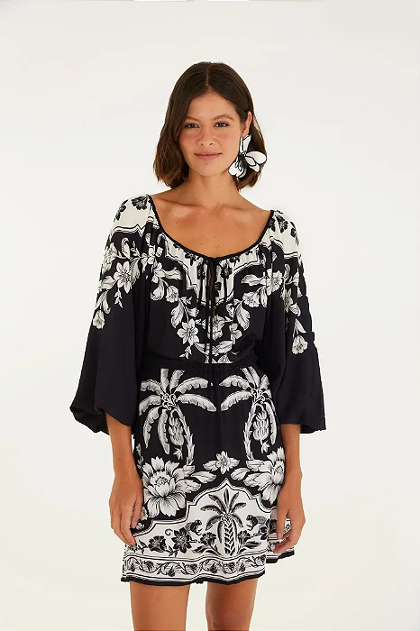 Vestido Curto Manga Estampado Guanacaste