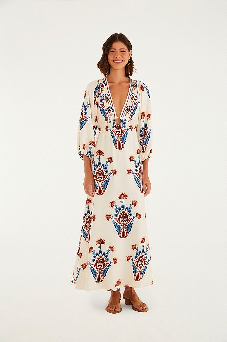 Vestido Longo Manga Estampado Indra