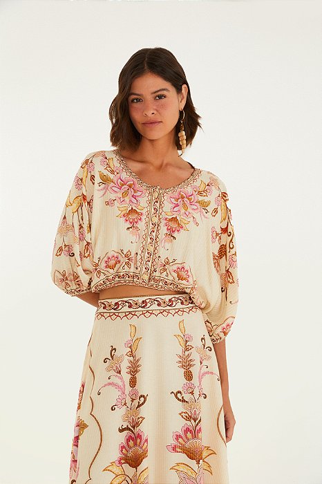 Blusa Cropped Estampada Jardim Majestoso