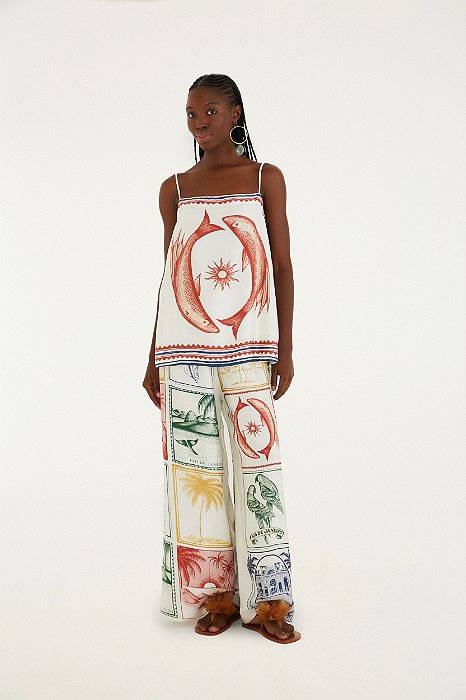 Calça Pantalona Estampada Brasil Vintage