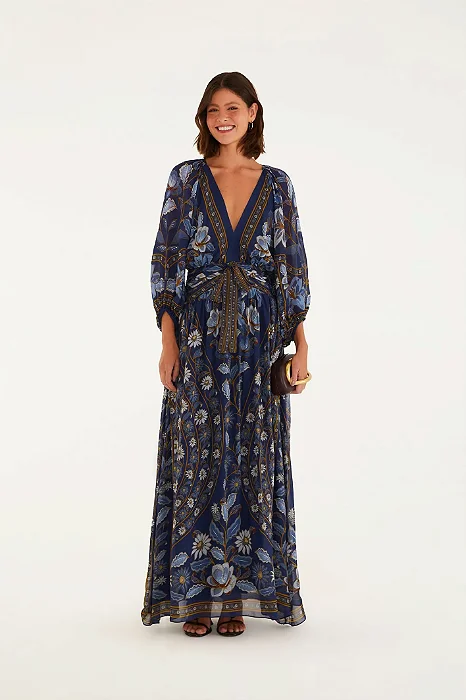 Vestido Longo Manga Estampado Marcelle