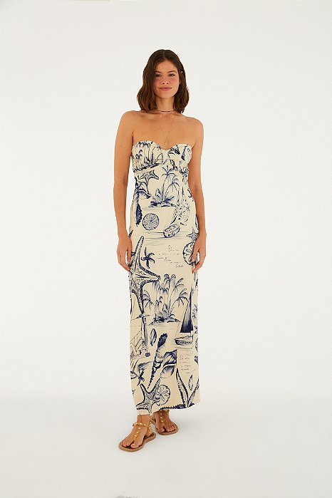 Vestido Sem Alça Estampado Mar De Ondas