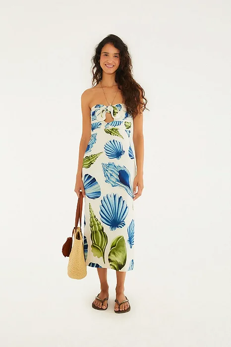 Vestido Midi Sem Alça Estampado Concha Litoral