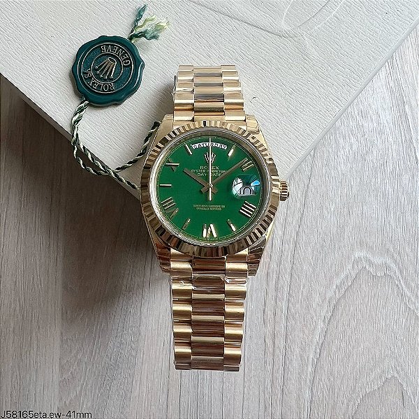 SUPER CLONE MÁQUINA ETA ROLEX DAY-DATE II DOURADO VERDE 41MM