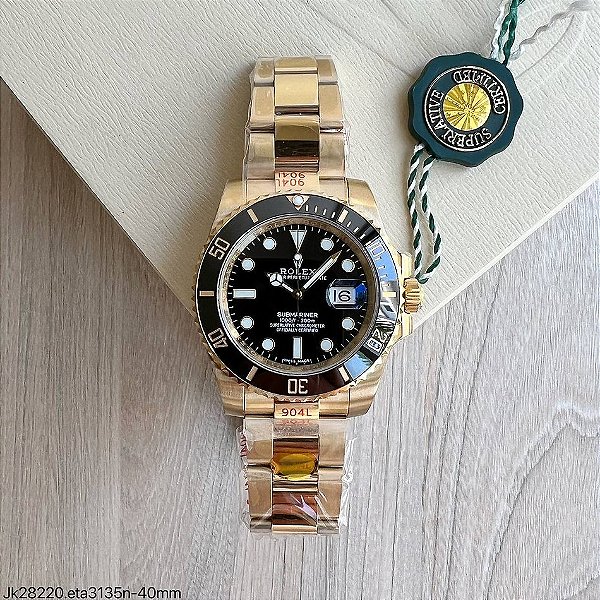 SUPER CLONE MÁQUINA ETA  ROLEX SUBMARINER PRETO DOURADO 41MM