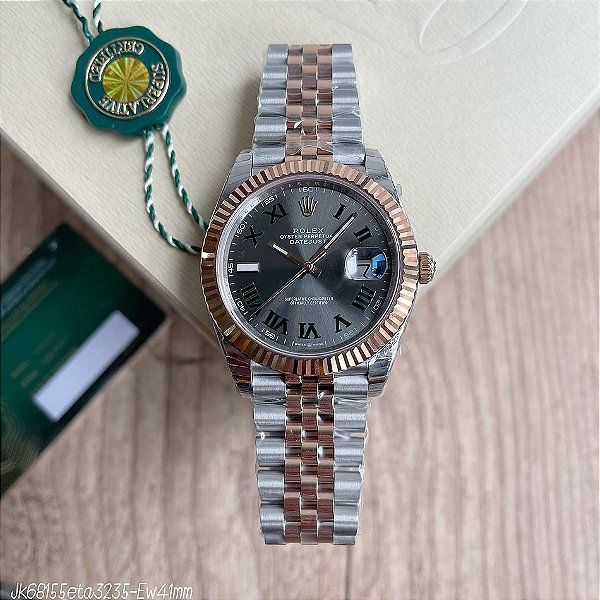 SUPER CLONE MÁQUINA ETA – ROLEX DATEJUST CINZA 41MM PRATA ROSE