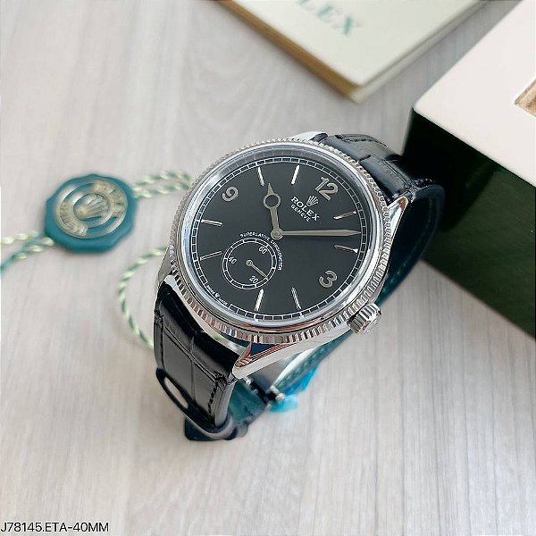 SUPER CLONE MÁQUINA ETA ROLEX 1908 PRATA FUNDO PRETO 40MM