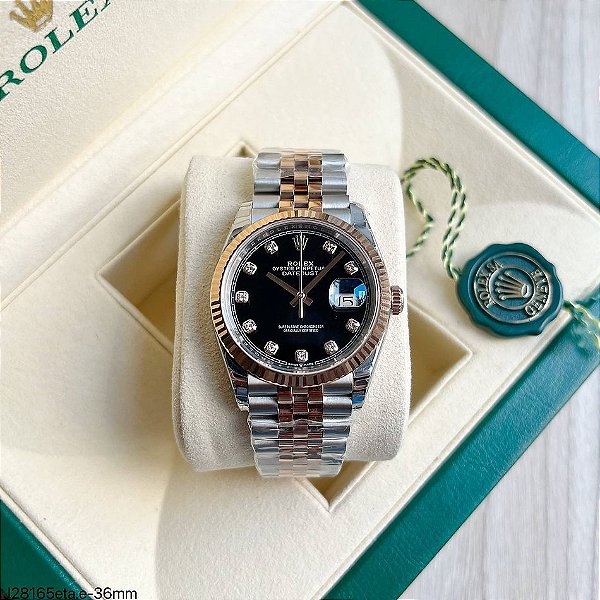 SUPER CLONE MÁQUINA ETA ROLEX DATEJUST 36MM PRATA ROSE BRILHANTES