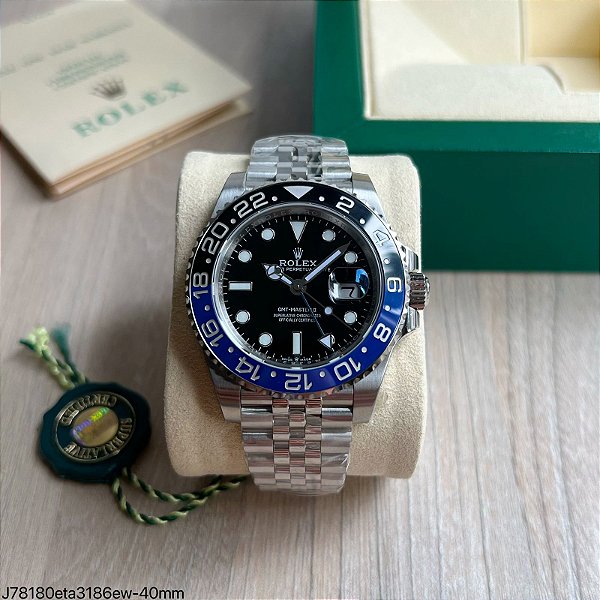 SUPER CLONE MÁQUINA ETA ROLEX GMT MASTER II PRETO AZUL BATMAN 40MM