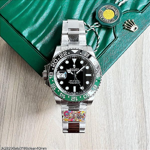 SUPER CLONE MÁQUINA ETA – ROLEX GMT MASTER II PRETO VERDE SPRITE PULSEIRA OYSTER 40MM