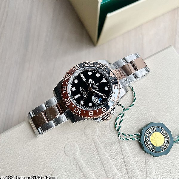 SUPER CLONE MÁQUINA ETA – ROLEX GMT MASTER II PRETO MARROM ROOT BEER 40MM