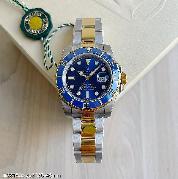 SUPER CLONE MÁQUINA ETA – ROLEX SUBMARINER AZUL PRATA DOURADO 40MM