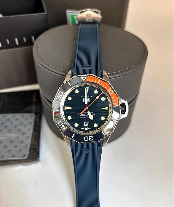 BASE ETA CLONE - TAG HEUER AGUARACER AZUL PULSEIRA BORRACHA