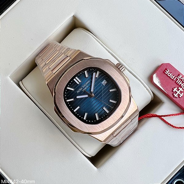 BASE ETA ( CLONE ) PATEK PHILIPPE NAUTILUS AUTOMÁTICO FUNDO AZUL ROSÉ