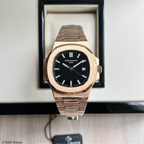 BASE ETA ( CLONE ) PATEK PHILIPPE NAUTILUS AUTOMÁTICO FUNDO PRETO ROSÉ