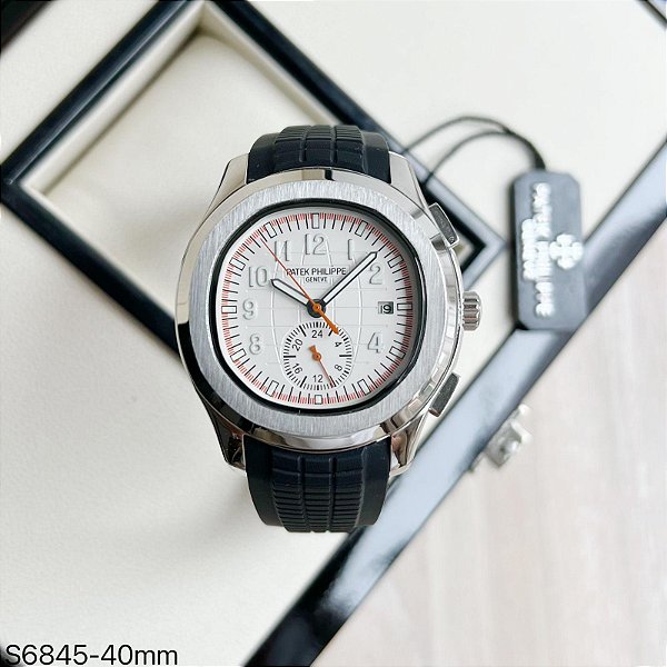 BASE ETA ( CLONE ) PATEK PHILIPPE NAUTILUS AUTOMÁTICO PULSEIRA PRETA FUNDO BRANCO E CHRONOFRAGOS