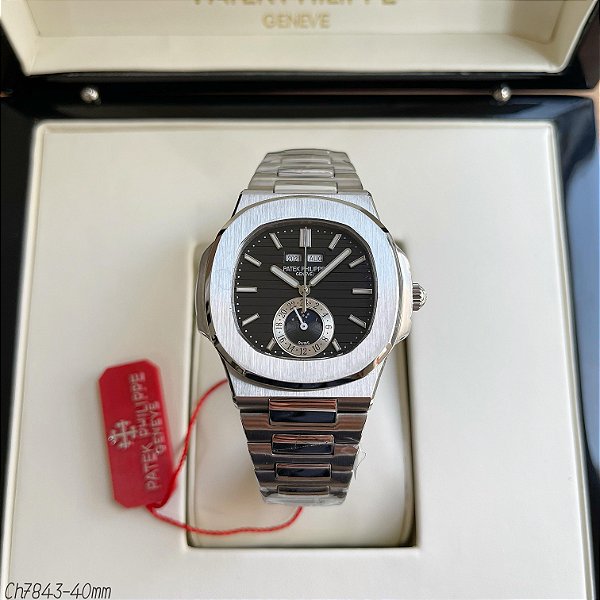 BASE ETA ( CLONE ) PATEK PHILIPPE NAUTILUS AUTOMÁTICO AÇO FUNDO PRETO E CRONOGRAFO