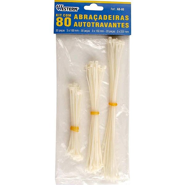Kit de Abraçadeiras NYLON 10/15/20CM X 3MM Branca - Pacote com 80 Unidades