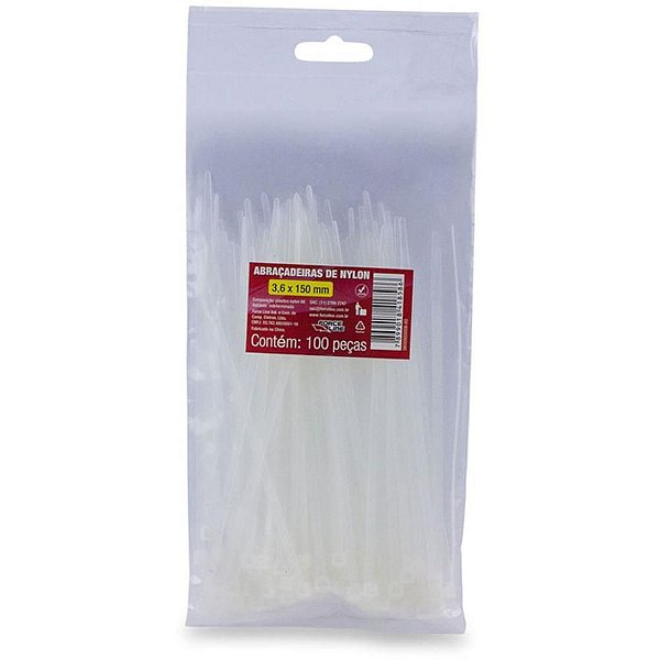 Abraçadeira NYLON Branca 3,6X150MM Pacote com 100 Peças