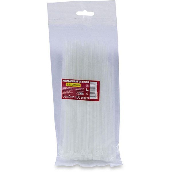 Abraçadeira de NYLON Branca 3,6X200MM - Pacote com 100 Unidades