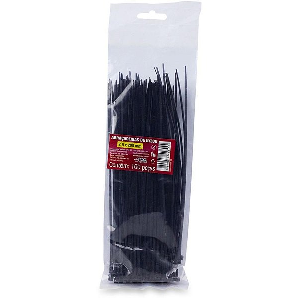 Abraçadeira NYLON Preta 2,5X200MM PCT com 100