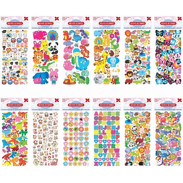 Adesivos Decorados 10X24CM Animais Cartela Sortida - Pacote com 24 Unidades
