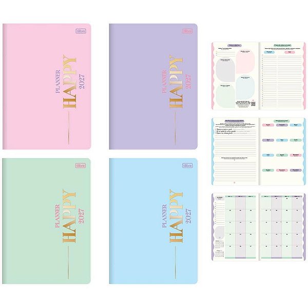 Agenda Planner 2024 HAPPY Grampeado 20 Folhas 90G Pacote com 5