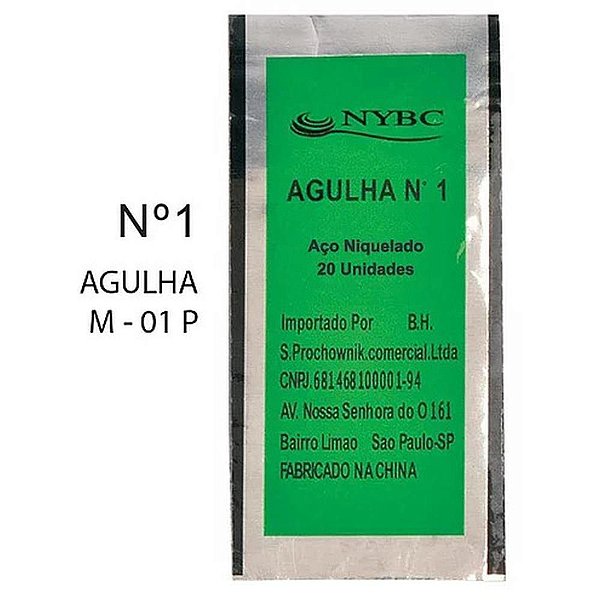 Agulha de Mão Niquelada Nº 1 com 20 Unidades - Pacote com 5 Blisters
