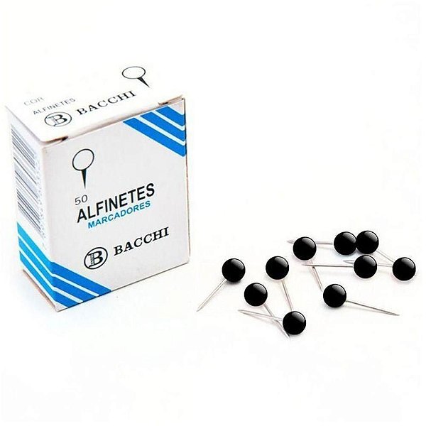 Alfinete de Mapa Preto Bacchi Caixa com 50 Peças Pacote com 10