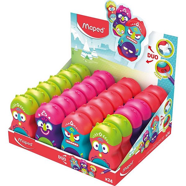 Apontador com Depósito 2 Furos Loopy Totem com Borracha Rotativa Display com 24