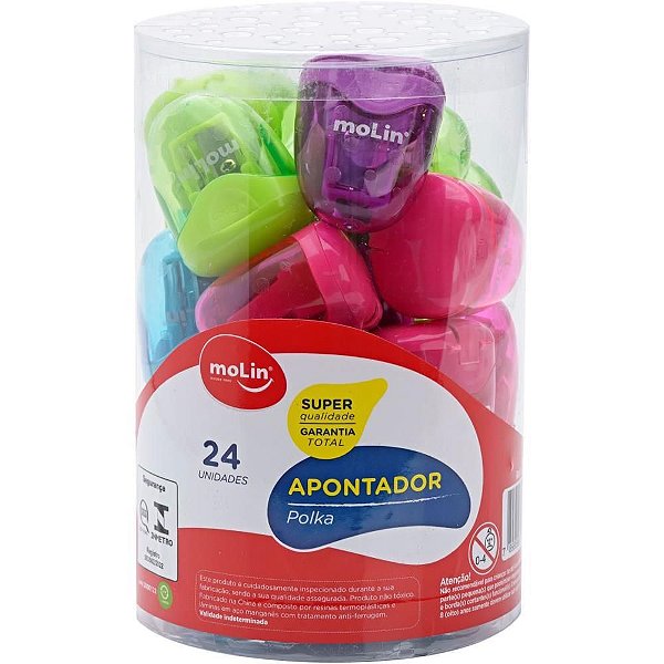 Apontador com Depósito Polka - 4 Cores - Pote com 24 Unidades
