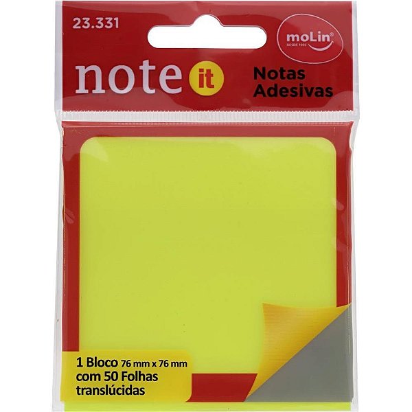 Bloco de Recado Autoadesivo 76MM X 76MM Translúcido Amarelo com 50 Folhas - Molin